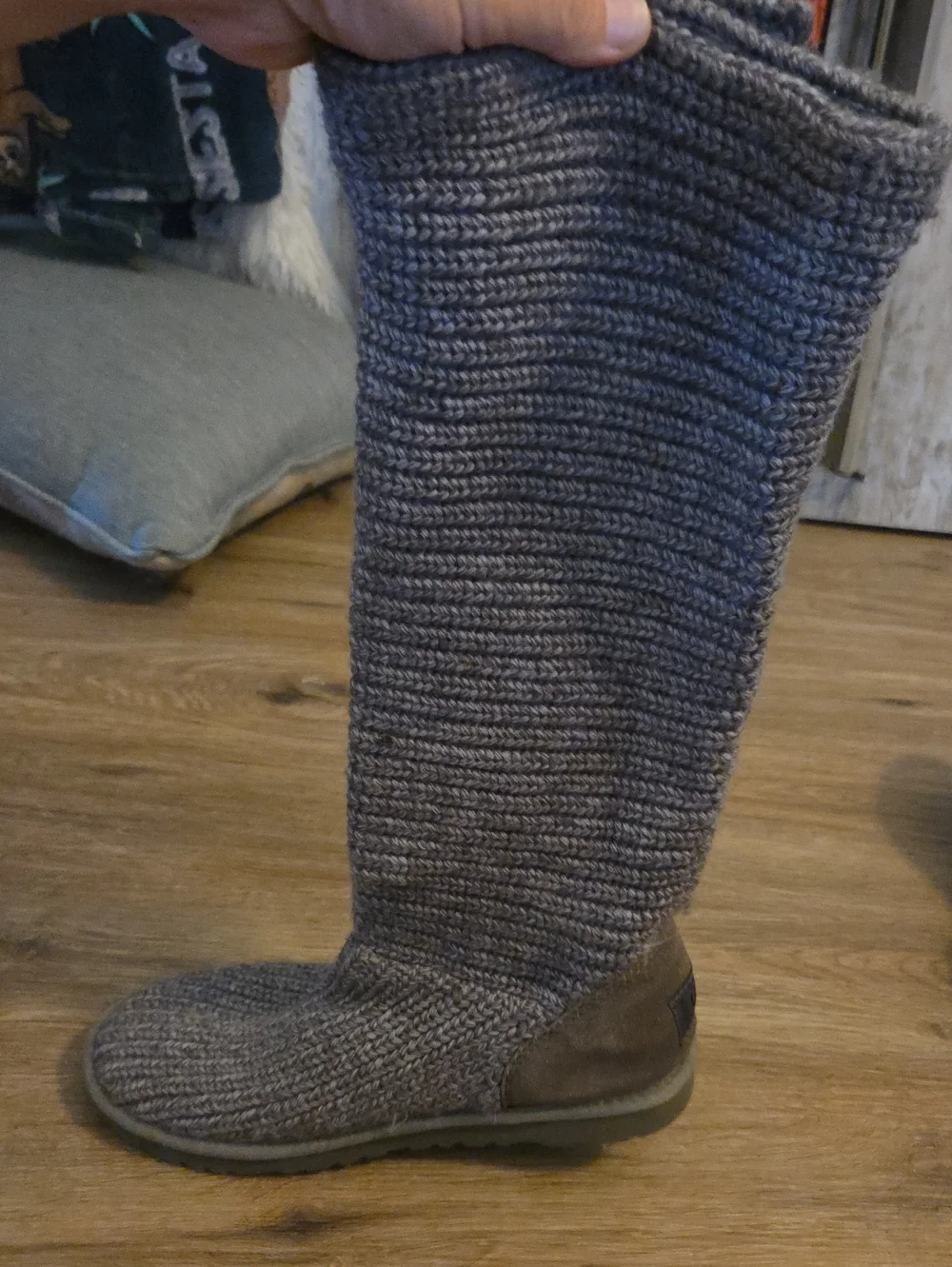 UGG Gray Knit Suede Back Logo Knee-High Slipper Boots